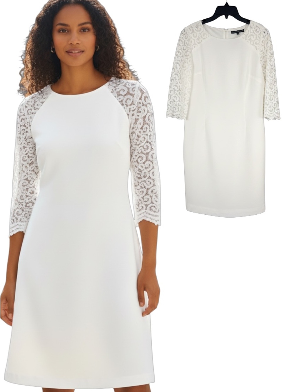 Preston & York White Lace-Sleeve Midi Shift Dress